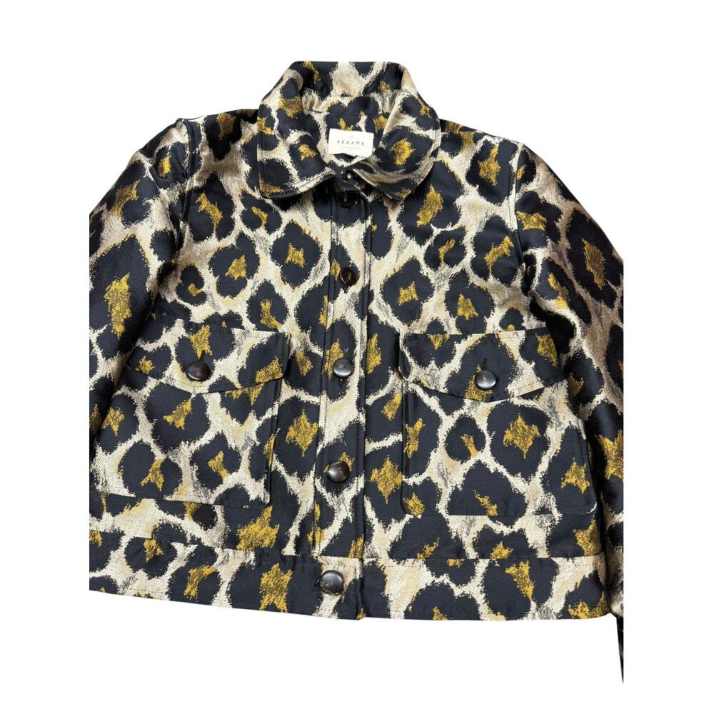 Sezane Terry Jacket 34 XS Leopard Jacquard Cropped Button Front - Picture 7 of 11
